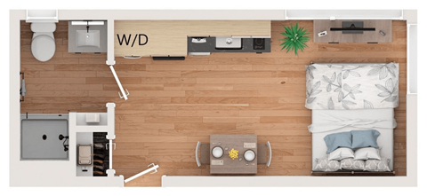 Floor plan for studio, 1 bath, 277 sqft